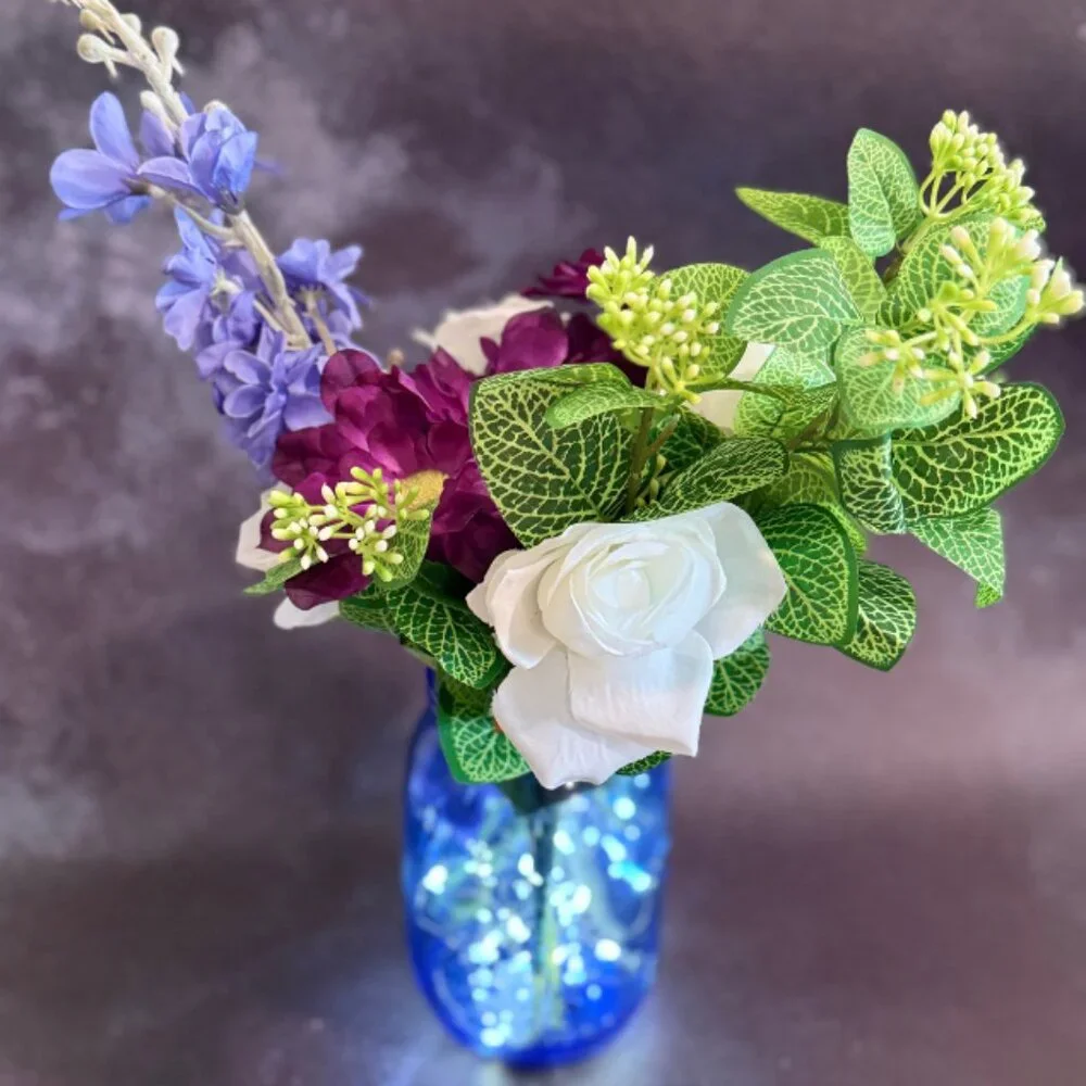 Vibrant Faux Floral Arrangement in Blue Mason Jar w/ LED Lights – Home Décor